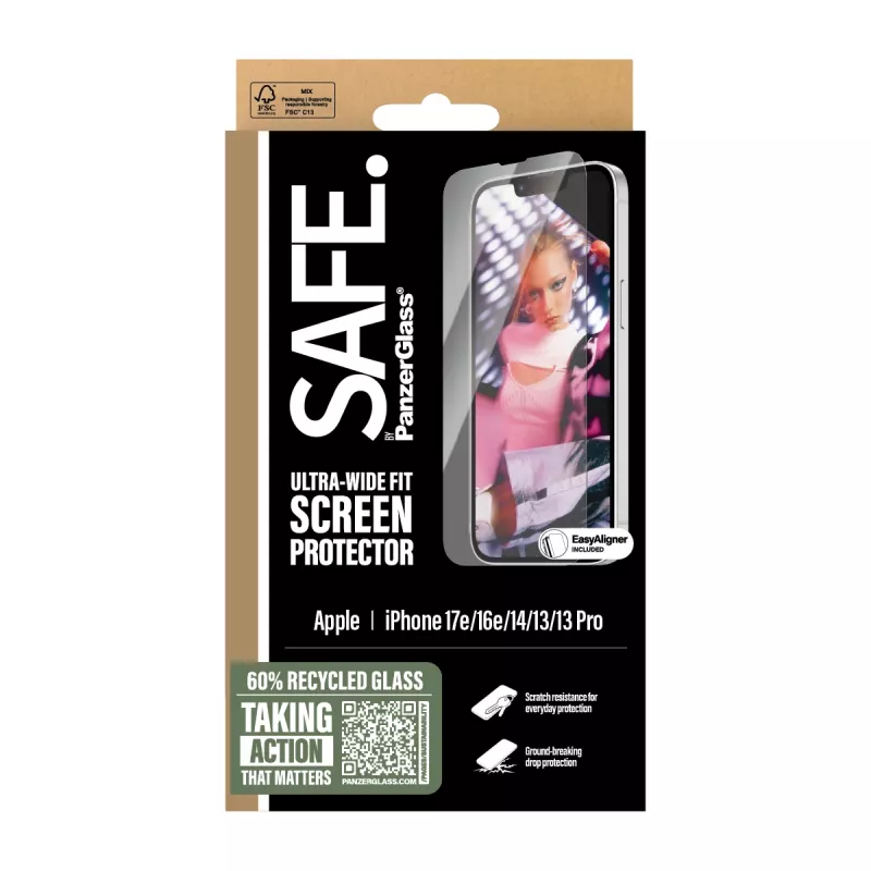 PanzerGlass SAFE. by ® näytönsuojakalvo iPhone 17e | 16e | 14 | 13 | 13 Pro | Ultra-Wide Fit EasyAligner-telineellä