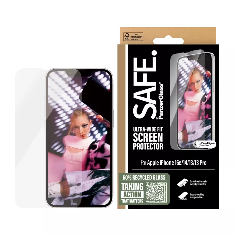 PanzerGlass SAFE. by ® näytönsuojakalvo iPhone 17e | 16e | 14 | 13 | 13 Pro | Ultra-Wide Fit EasyAligner-telineellä