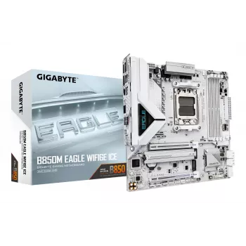 GIGABYTE B850M EAGLE WIFI6E ICE emolevy - AMD Ryzen 9000 Series CPUs, 8+2+2 vaihetta Digital VRM, enintään 8200 MHz DDR5 (OC), 1xPCIe 5.0 + 1xPCIe 4.0 M.2, Wi-Fi 6E, 2,5 GbE LAN, USB 3.2 Gen 2