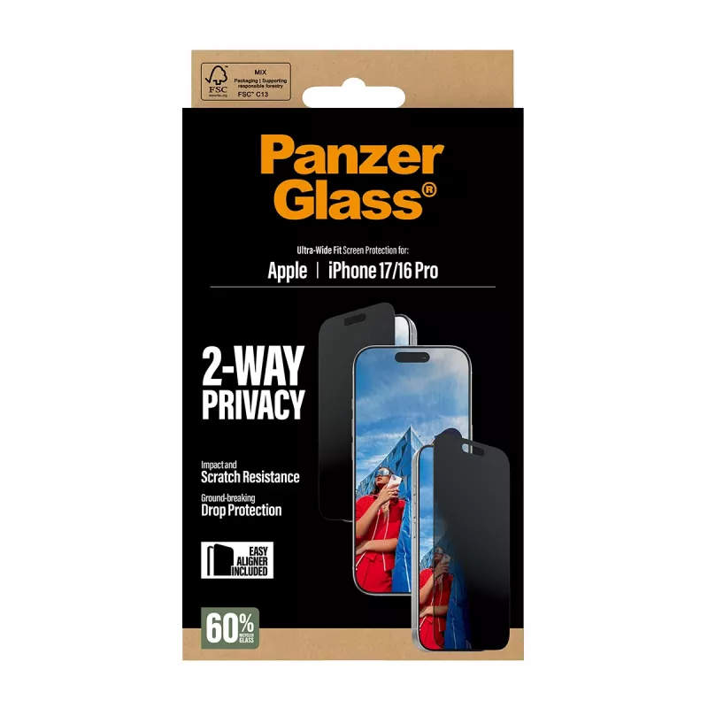 PanzerGlass ® 2-Way Privacy näytönsuoja iPhone 17 | iPhone 16 Pro | Ultra-Wide Fit EasyAlignerilla