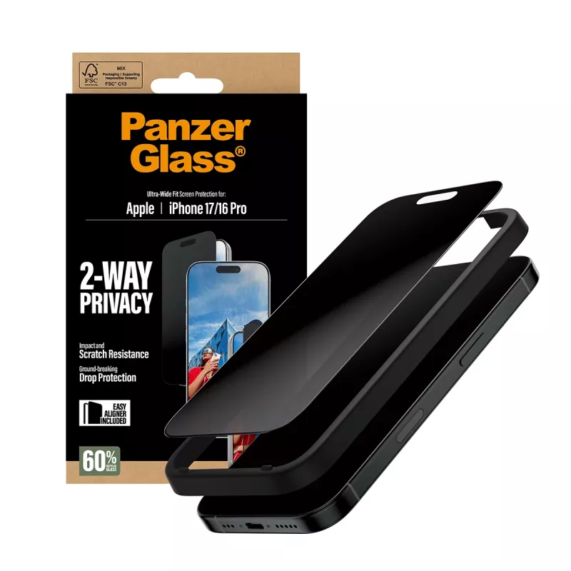 PanzerGlass ® 2-Way Privacy näytönsuoja iPhone 17 | iPhone 16 Pro | Ultra-Wide Fit EasyAlignerilla