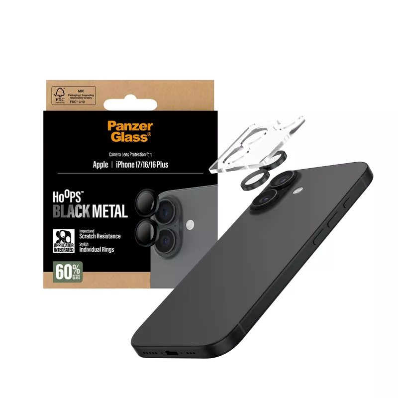 PanzerGlass ® Hoops® kameran linssinsuoja musta iPhone 17 | iPhone 16 | 16 Plus