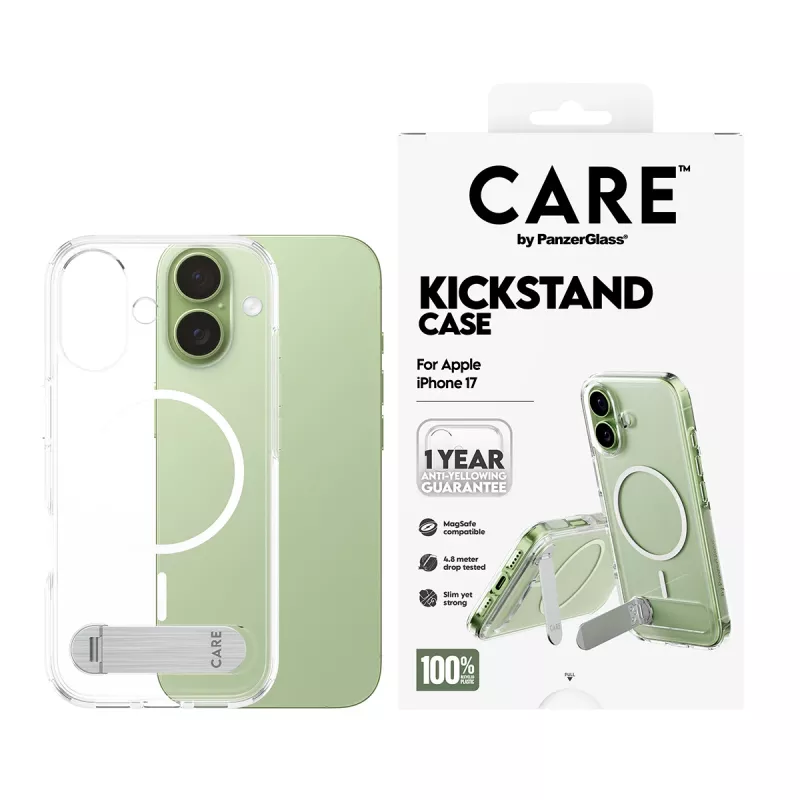 PanzerGlass CARE by Feature kotelo, läpinäkyvä, Kickstand & MagSafe, iPhone 17