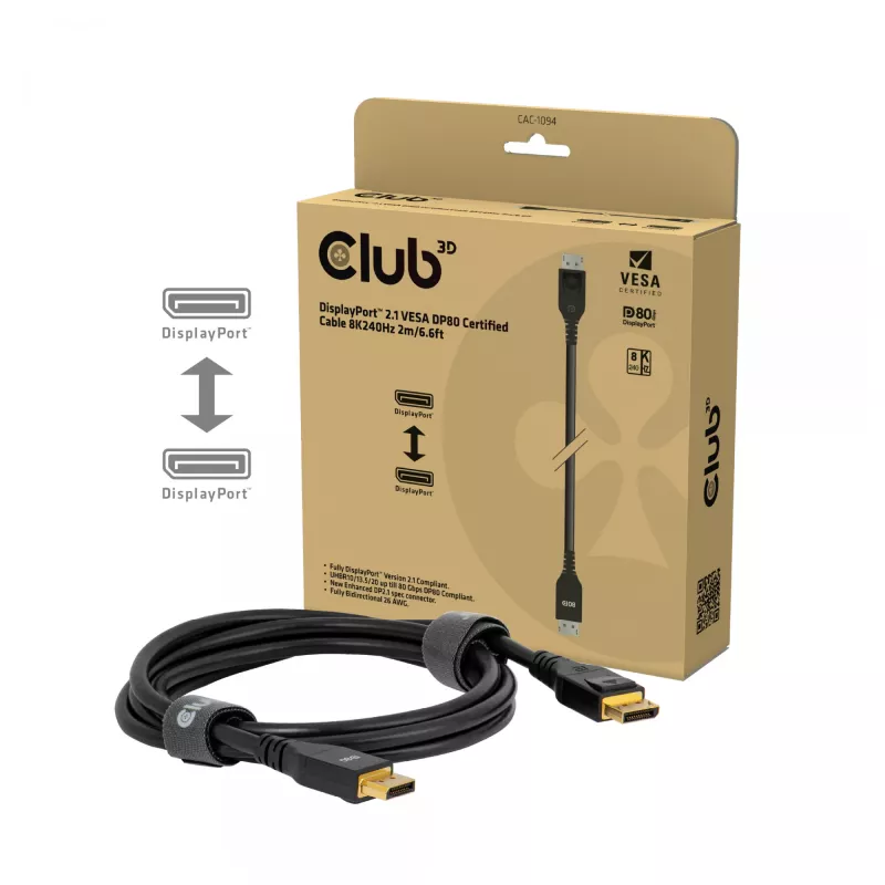 Club 3D CAC-1094 DisplayPort 2.1 VESA DP80 -sertifioitu kaapeli 8K 240 Hz, 2 m (6,56 jalkaa), musta