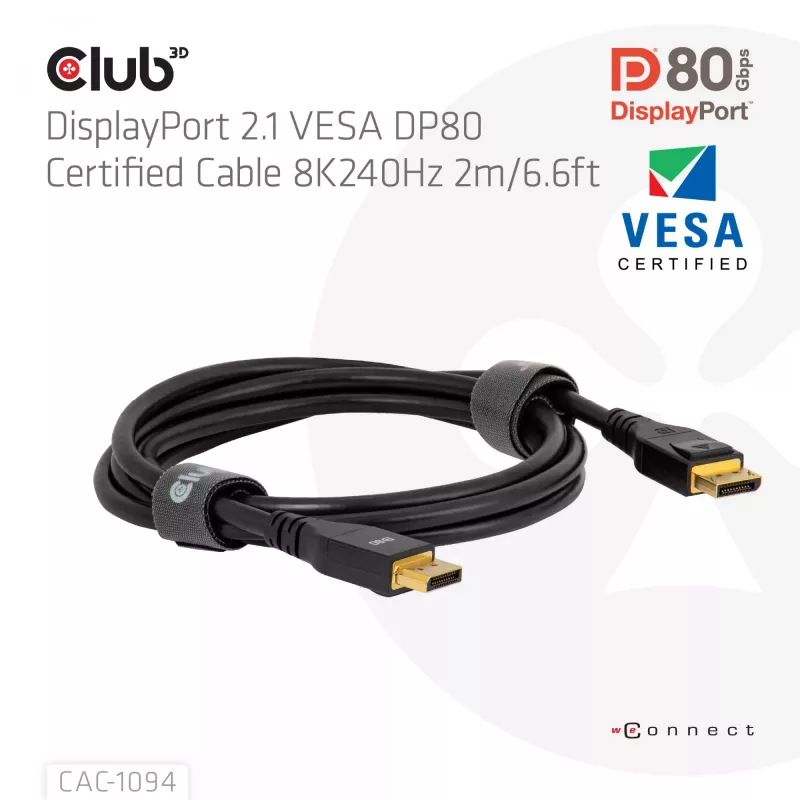 Club 3D CAC-1094 DisplayPort 2.1 VESA DP80 -sertifioitu kaapeli 8K 240 Hz, 2 m (6,56 jalkaa), musta