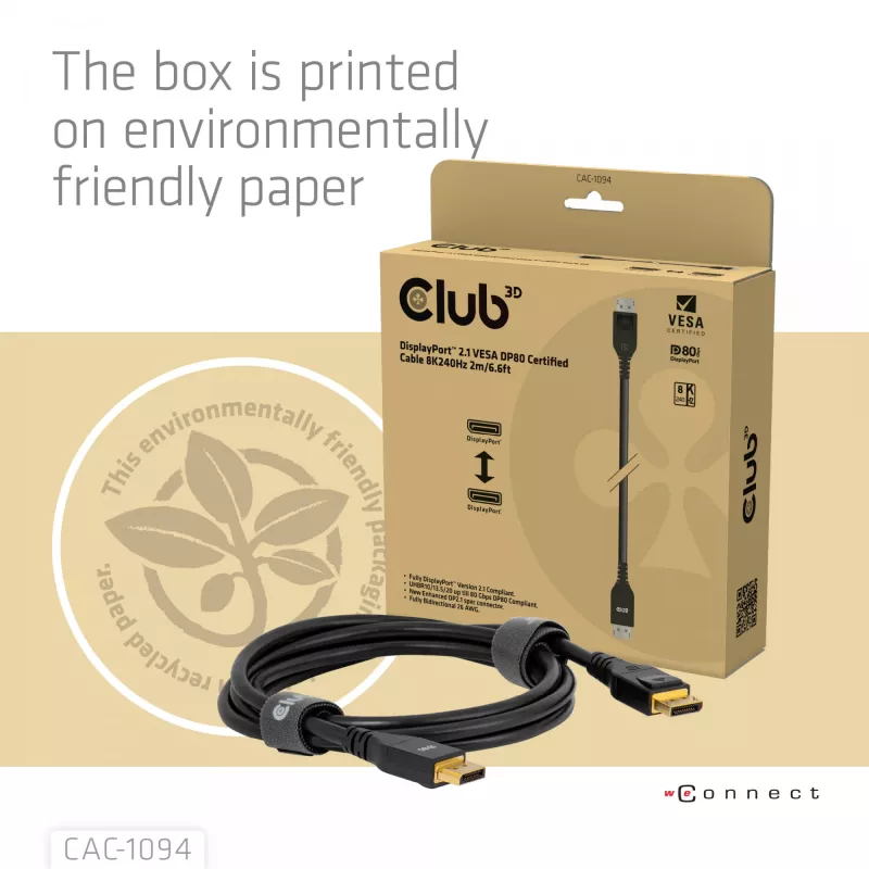 Club 3D CAC-1094 DisplayPort 2.1 VESA DP80 -sertifioitu kaapeli 8K 240 Hz, 2 m (6,56 jalkaa), musta