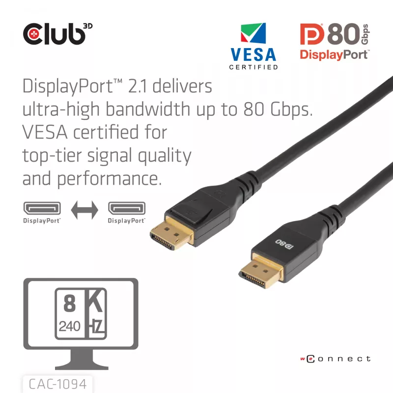 Club 3D CAC-1094 DisplayPort 2.1 VESA DP80 -sertifioitu kaapeli 8K 240 Hz, 2 m (6,56 jalkaa), musta
