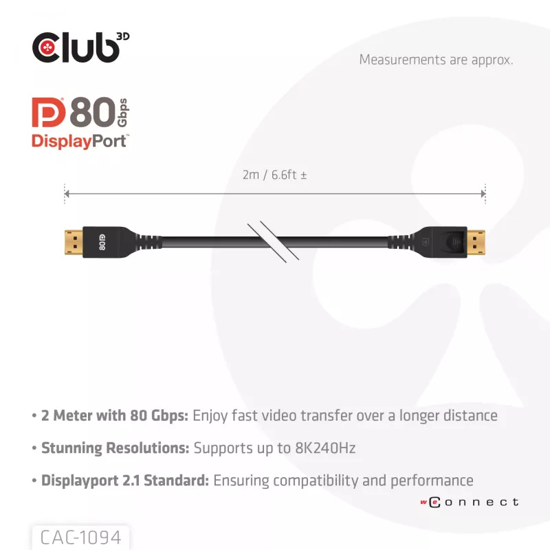 Club 3D CAC-1094 DisplayPort 2.1 VESA DP80 -sertifioitu kaapeli 8K 240 Hz, 2 m (6,56 jalkaa), musta