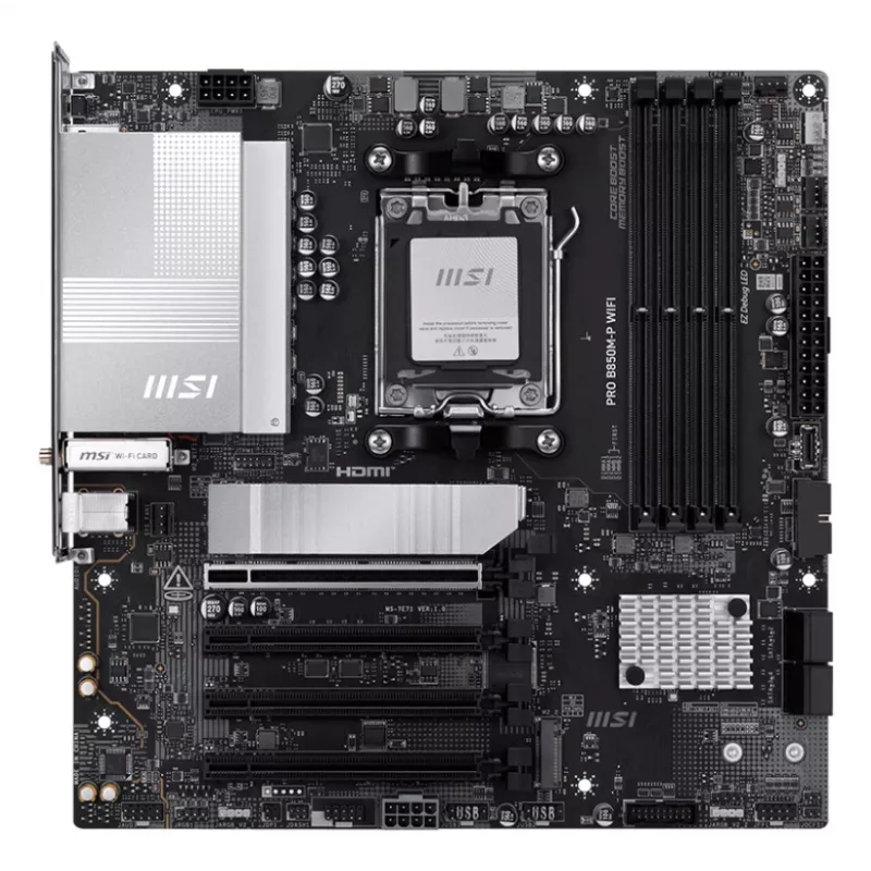 Emolevy MSI PRO B850M-P WIFI micro ATX, AMD B850, Socket AM5, 4×DDR5 DIMM, 3×M.2, Wi‑Fi 7, 5Gb LAN