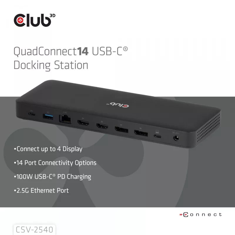 Telakointiasema CLUB 3D 14-1 USB-C Quad Display USB4 2× USB 2.0-liitännällä