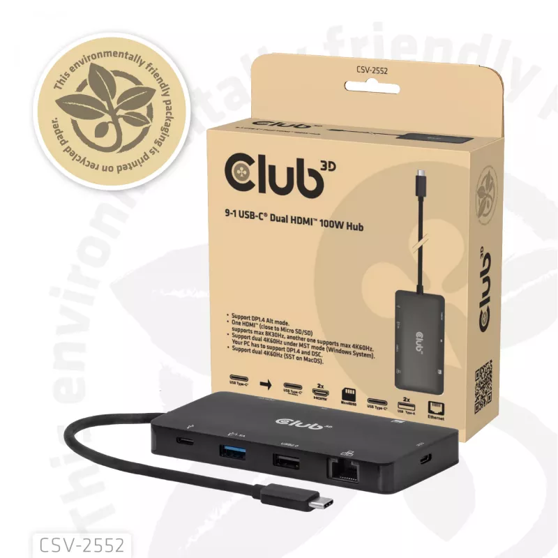 CLUB3D 9-1 Dual HDMI™ USB-C® keskitin PD3.0 100W