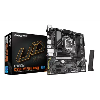 GIGABYTE B760M DS3H WIFI6E GEN5 emolevy - tukee Intel Core 14. sukupolven suorittimia, 6+2+1 vaiheinen digitaalinen VRM, jopa 5600MHz DDR5, 2xPCIe 4.0 M.2, Wi-Fi 6E, 2.5GbE LAN, USB 3.2 Gen2