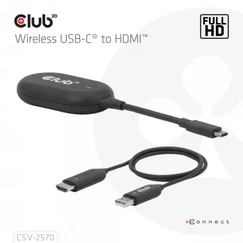 CLUB3D langaton USB-C® - HDMI™, 1920 x 1080 pikseliä, AV-lähetin ja -vastaanotin, langallinen ja langaton, musta, HDCP