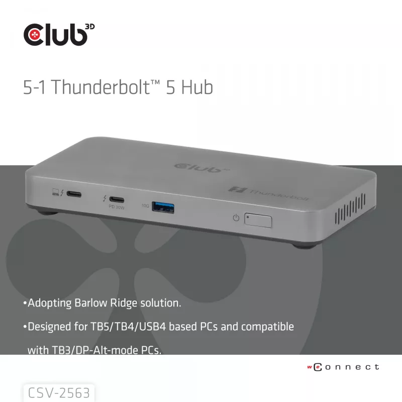 CLUB3D CSV-2563 5-1 Thunderbolt™ 5 -keskitin Triple video 5K60Hz Thunderbolt™ Share -sertifioitu 180 W