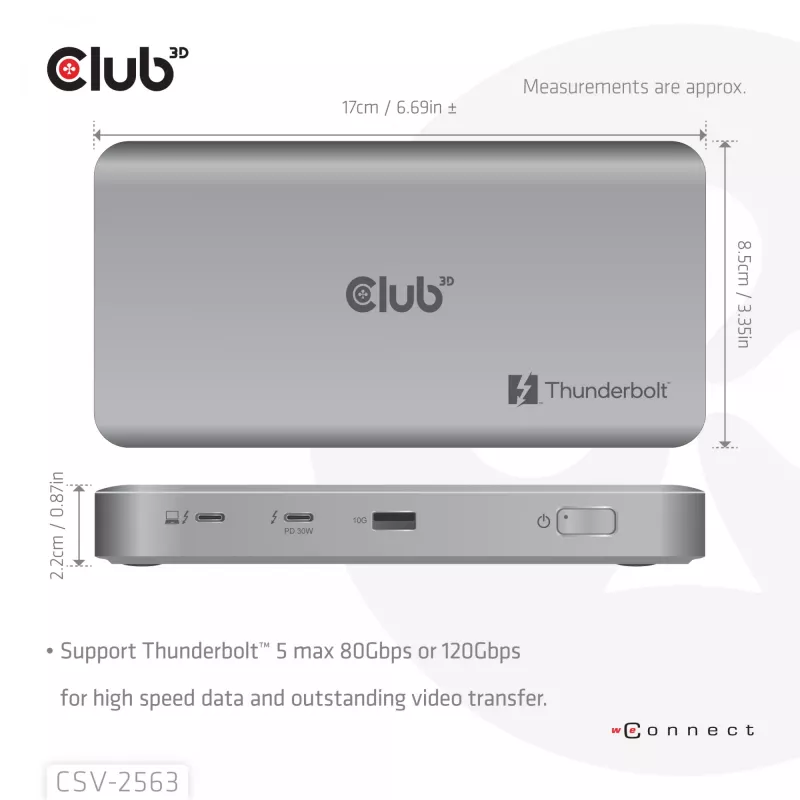 CLUB3D CSV-2563 5-1 Thunderbolt™ 5 -keskitin Triple video 5K60Hz Thunderbolt™ Share -sertifioitu 180 W