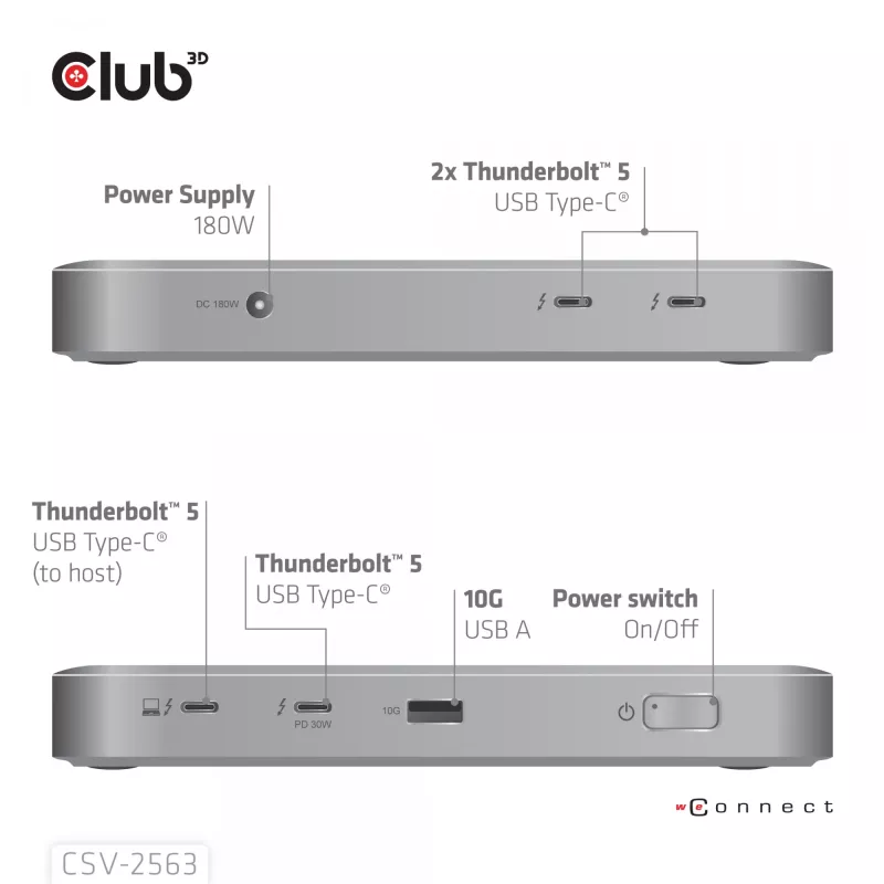 CLUB3D CSV-2563 5-1 Thunderbolt™ 5 -keskitin Triple video 5K60Hz Thunderbolt™ Share -sertifioitu 180 W