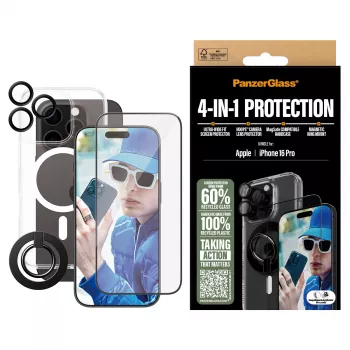 PanzerGlass ® 4-in-1-suojapakkaus iPhone 16 Pro, Apple, Apple - iPhone 16 Pro, kuivakiinnitys, naarmuuntumaton, iskunkestävä, läpinäkyvä, 1 kpl