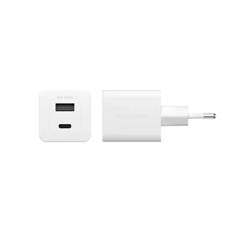 PanzerGlass empower™ by ® Turbo 35W laturi sis. USB-C + USB-A | EU-pistoke | Silver White