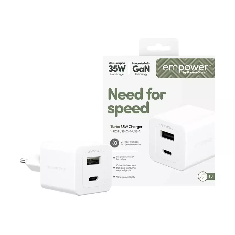 PanzerGlass empower™ by ® Turbo 35W laturi sis. USB-C + USB-A | EU-pistoke | Silver White