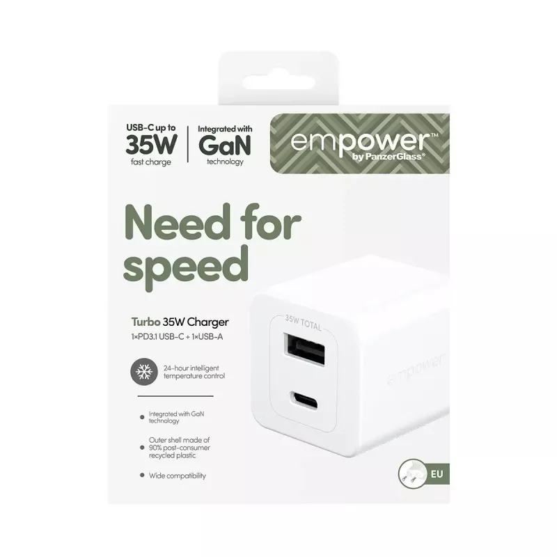 PanzerGlass empower™ by ® Turbo 35W laturi sis. USB-C + USB-A | EU-pistoke | Silver White