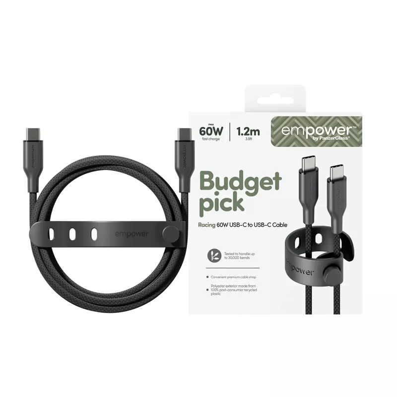 PanzerGlass empower™ by ® Racing 60W USB-C-USB-C-kaapeli | USB 2.0 | 1,2 m | Space Black