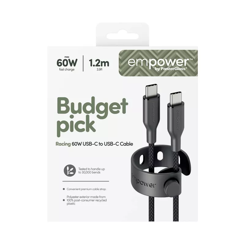 PanzerGlass empower™ by ® Racing 60W USB-C-USB-C-kaapeli | USB 2.0 | 1,2 m | Space Black