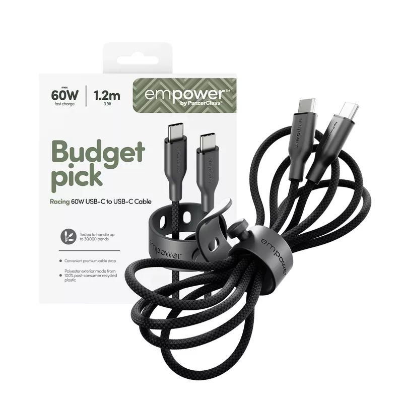PanzerGlass empower™ by ® Racing 60W USB-C-USB-C-kaapeli | USB 2.0 | 1,2 m | Space Black