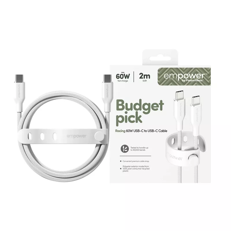 PanzerGlass empower™ by ® Racing 60W USB-C-USB-C-kaapeli | USB 2.0 | 2 m | hopeanvalkoinen