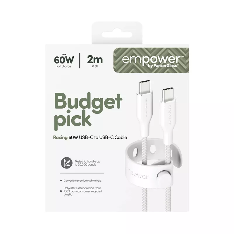 PanzerGlass empower™ by ® Racing 60W USB-C-USB-C-kaapeli | USB 2.0 | 2 m | hopeanvalkoinen