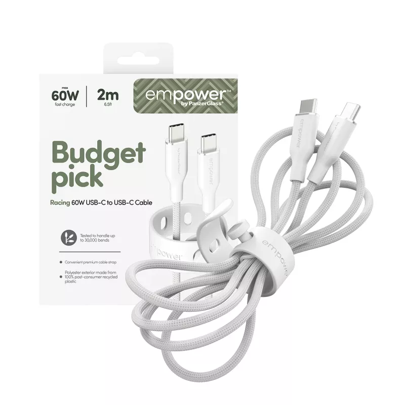 PanzerGlass empower™ by ® Racing 60W USB-C-USB-C-kaapeli | USB 2.0 | 2 m | hopeanvalkoinen
