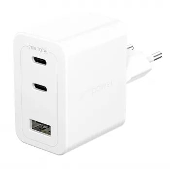 PanzerGlass empower™ by ® Turbo 70W monilaturi sis. 2 x USB-C + USB-A | EU-pistoke | Silver White