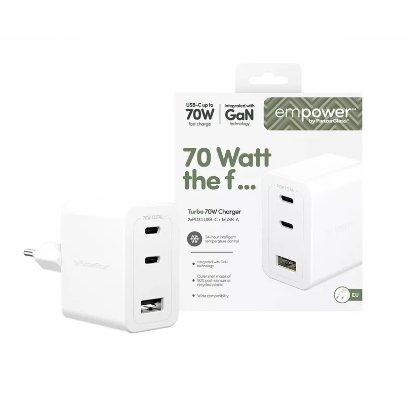 PanzerGlass empower™ by ® Turbo 70W monilaturi sis. 2 x USB-C + USB-A | EU-pistoke | Silver White