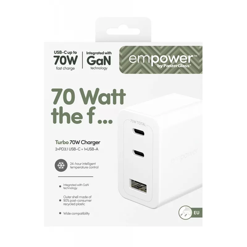 PanzerGlass empower™ by ® Turbo 70W monilaturi sis. 2 x USB-C + USB-A | EU-pistoke | Silver White