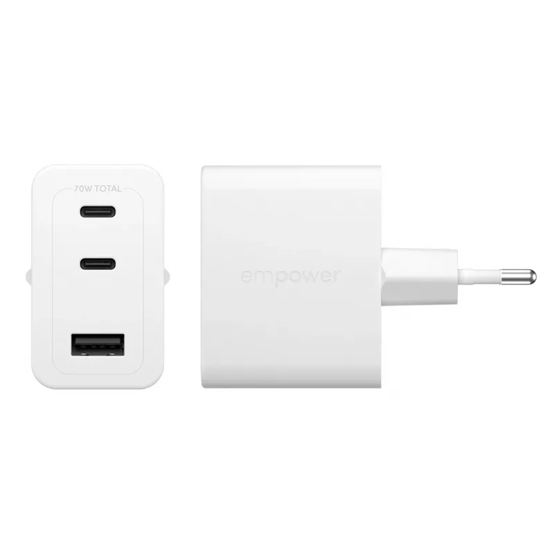 PanzerGlass empower™ by ® Turbo 70W monilaturi sis. 2 x USB-C + USB-A | EU-pistoke | Silver White
