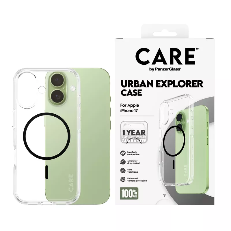 PanzerGlass CARE by Flagship Case Transparent Urban Explorer Black MagSafe -suojakotelo iPhone 17