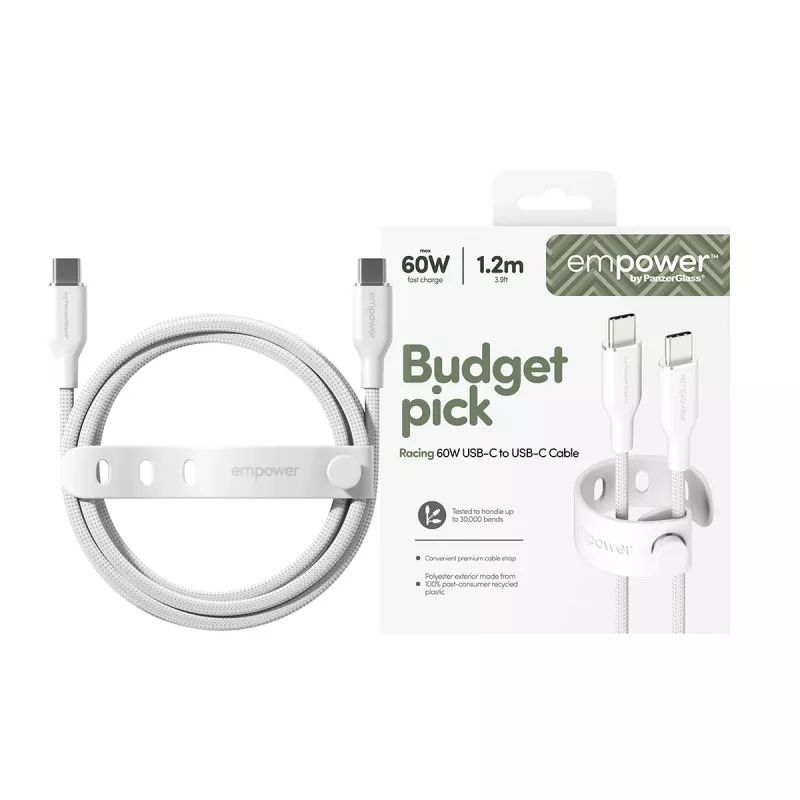 PanzerGlass empower™ by ® Racing 60W USB-C-USB-C-kaapeli | USB 2.0 | 1,2 m | hopeanvalkoinen