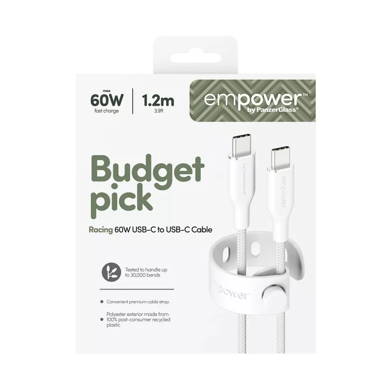 PanzerGlass empower™ by ® Racing 60W USB-C-USB-C-kaapeli | USB 2.0 | 1,2 m | hopeanvalkoinen