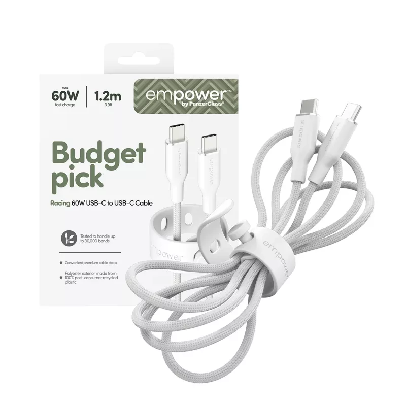 PanzerGlass empower™ by ® Racing 60W USB-C-USB-C-kaapeli | USB 2.0 | 1,2 m | hopeanvalkoinen