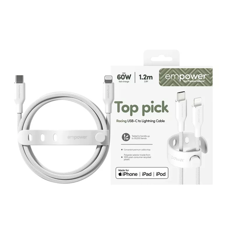 PanzerGlass empower™ by ® Racing 60W USB-C - Lightning -kaapeli | USB 2.0 | 1,2 m | hopeanvalkoinen