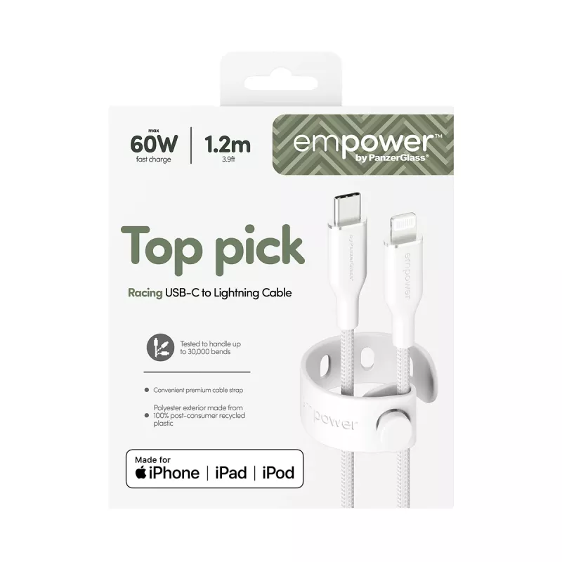 PanzerGlass empower™ by ® Racing 60W USB-C - Lightning -kaapeli | USB 2.0 | 1,2 m | hopeanvalkoinen