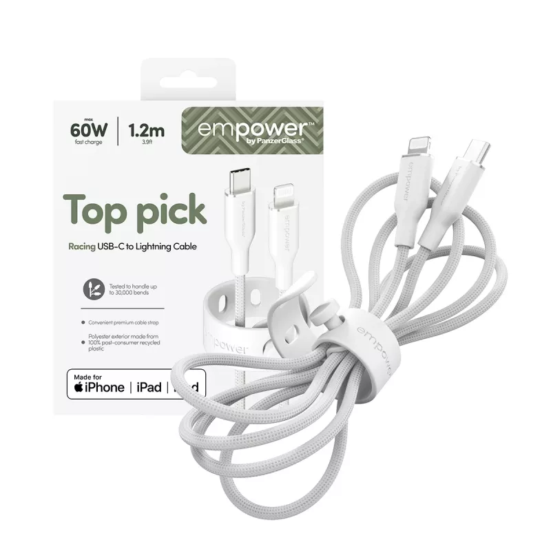PanzerGlass empower™ by ® Racing 60W USB-C - Lightning -kaapeli | USB 2.0 | 1,2 m | hopeanvalkoinen