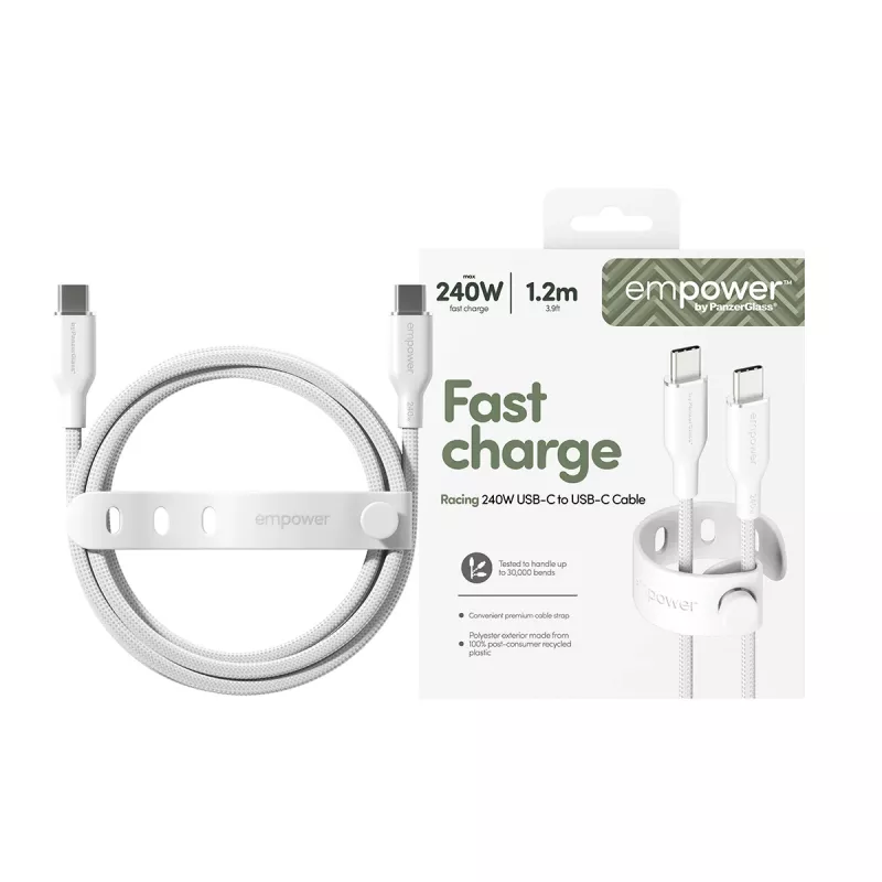 PanzerGlass empower™ by ® Racing 240W USB-C-USB-C-kaapeli | USB 2.0 | 1,2 m | hopeanvalkoinen