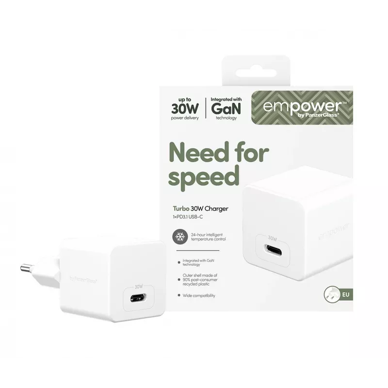 PanzerGlass empower™ by ® Turbo 30W laturi yksi USB-C | EU-pistoke | hopeanvalkoinen