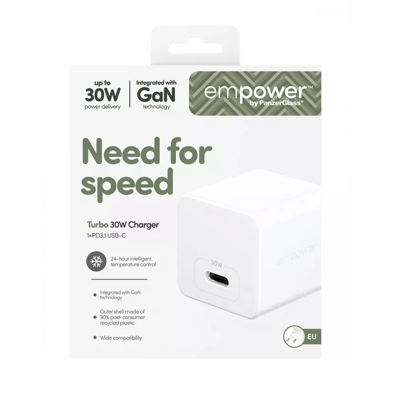 PanzerGlass empower™ by ® Turbo 30W laturi yksi USB-C | EU-pistoke | hopeanvalkoinen