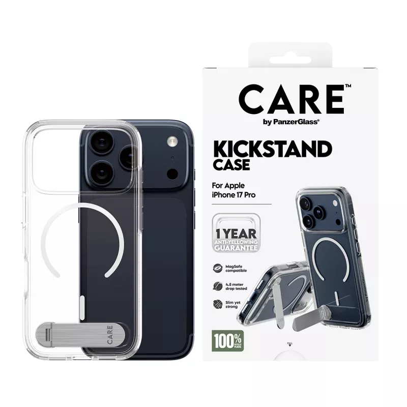 PanzerGlass CARE™ by ® kotelo läpinäkyvä telineellä & MagSafe iPhone 17 Pro