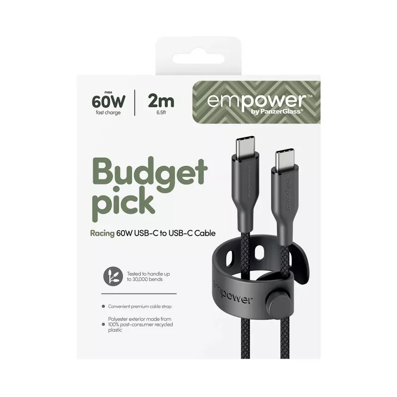 PanzerGlass empower™ by ® Racing 60W USB-C–USB-C-kaapeli | USB 2.0 | 2M | Space Black