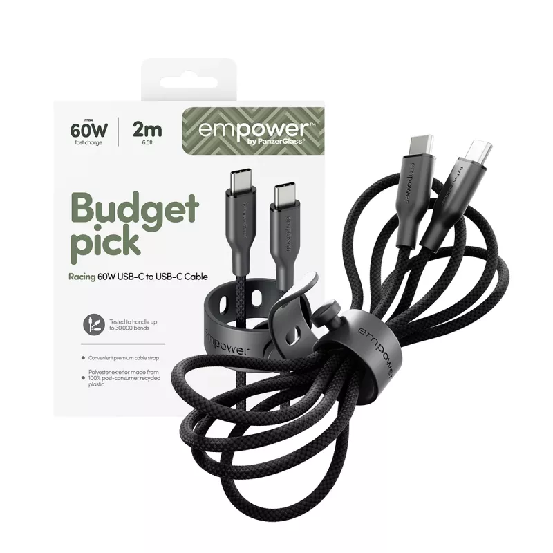 PanzerGlass empower™ by ® Racing 60W USB-C–USB-C-kaapeli | USB 2.0 | 2M | Space Black