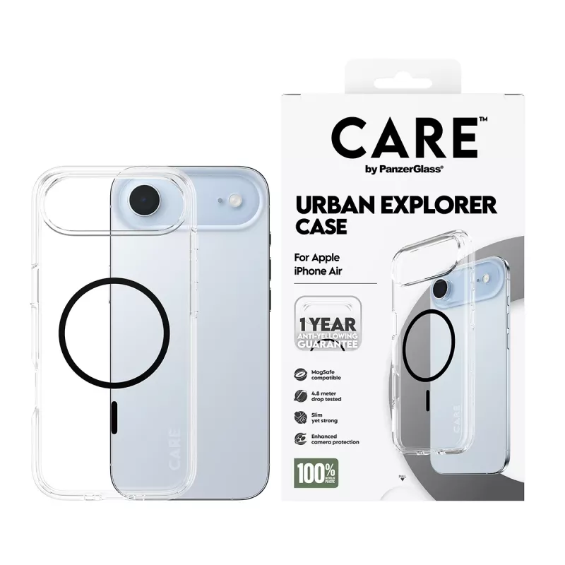 PanzerGlass CARE by Flagship Case suojakuori iPhone Air -puhelimelle, läpinäkyvä Urban Explorer mustalla MagSafella