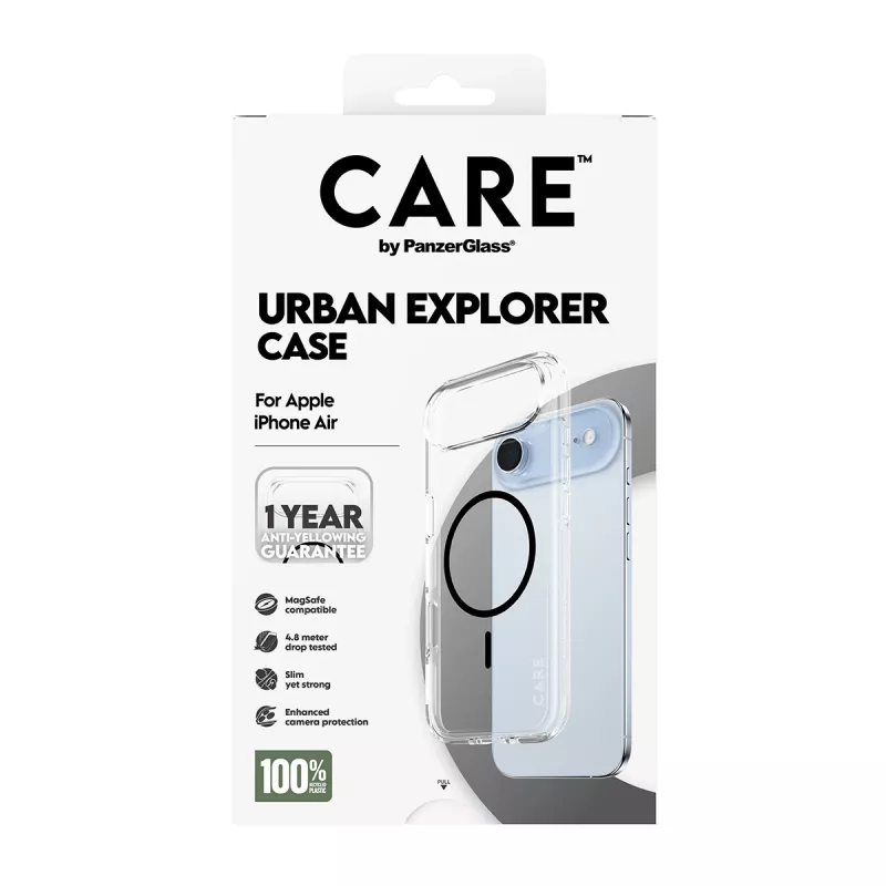 PanzerGlass CARE by Flagship Case suojakuori iPhone Air -puhelimelle, läpinäkyvä Urban Explorer mustalla MagSafella