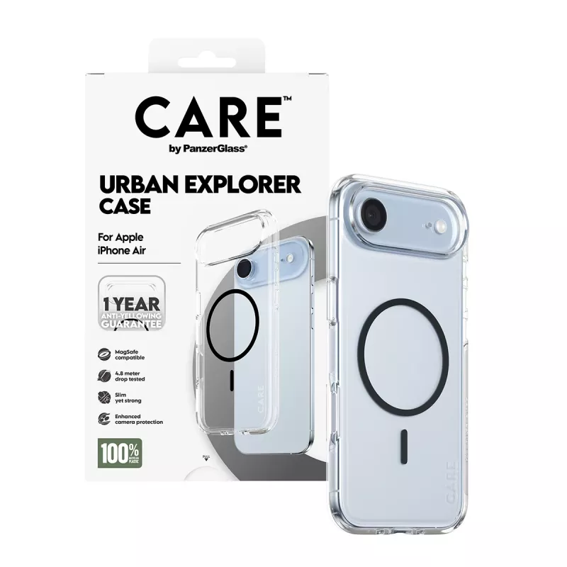 PanzerGlass CARE by Flagship Case suojakuori iPhone Air -puhelimelle, läpinäkyvä Urban Explorer mustalla MagSafella